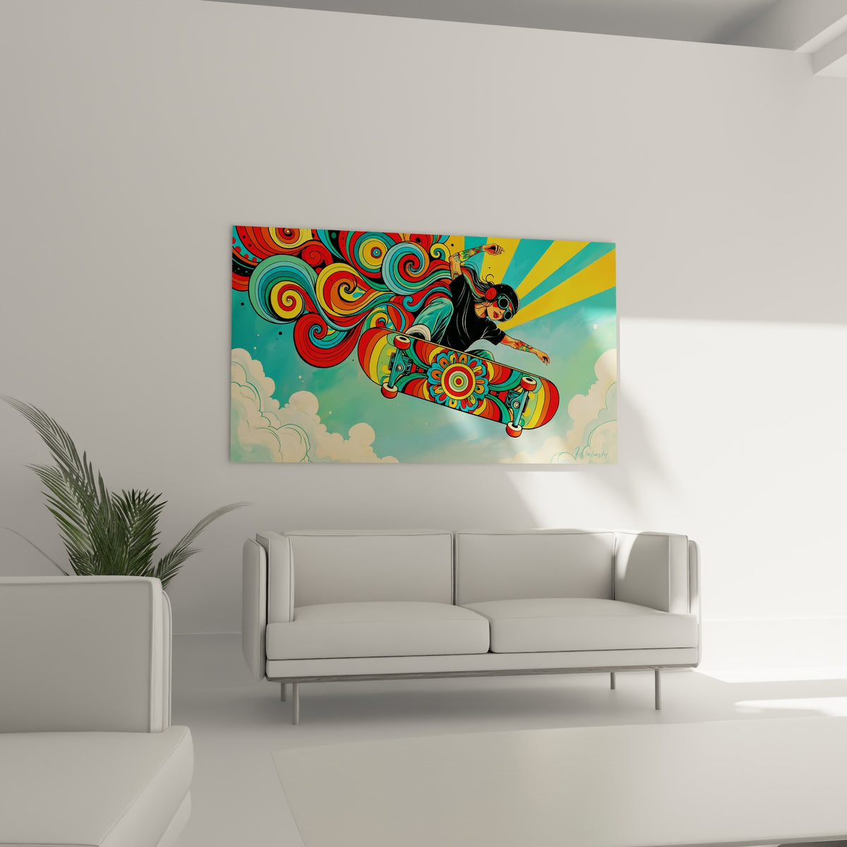 Planche fleurie et cheveux psychédéliques turquoise et jaune, tableau au-dessus d'un canapé dans un salon lumineux
