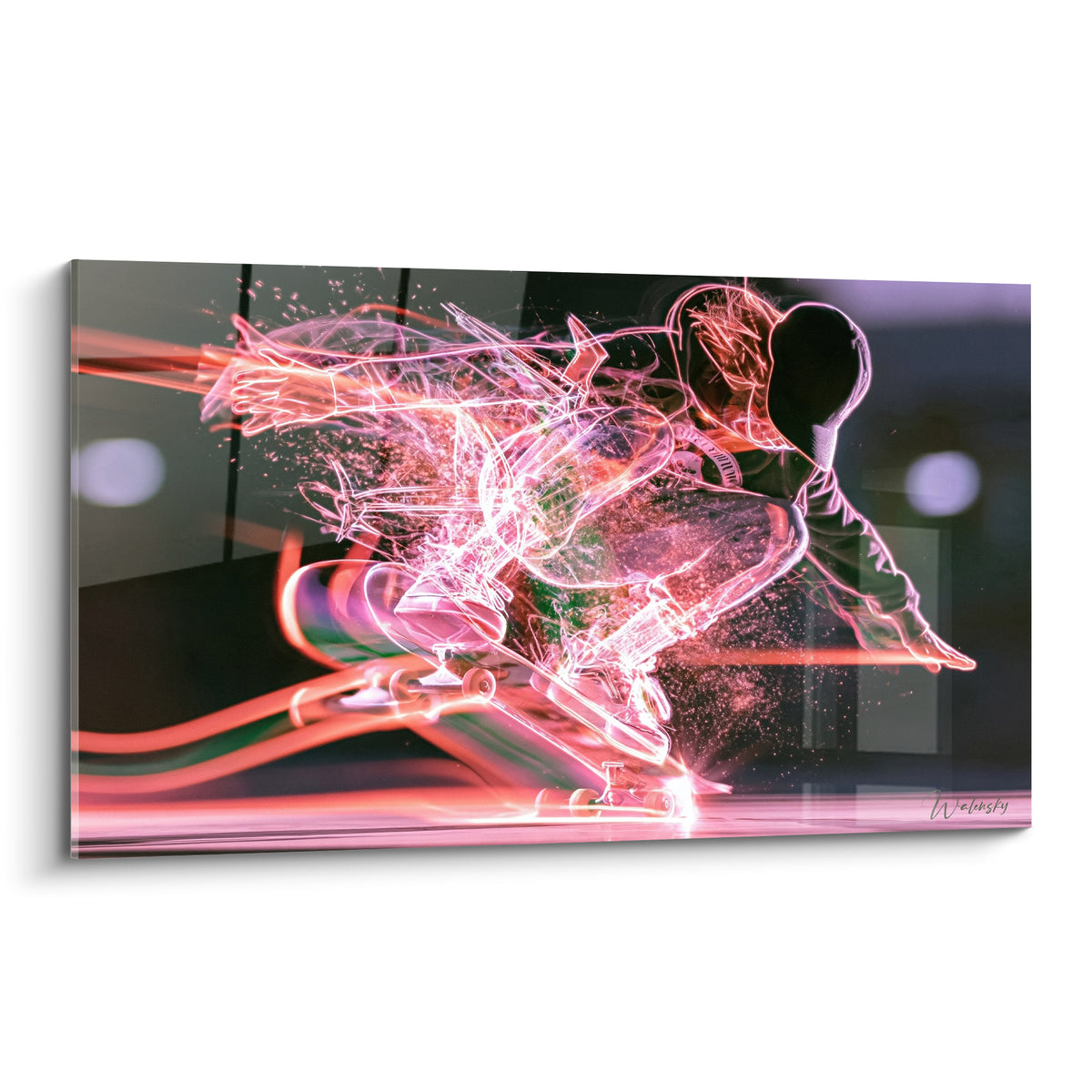 Skateur en action aux traits roses et orange incandescents sur fond anthracite flouté