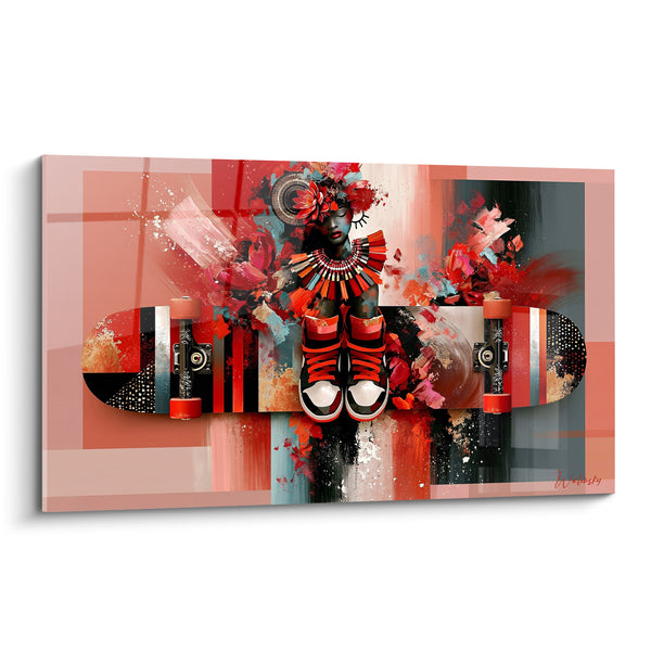 Tableau Skateboard rouge et anthracite figure tribale - Rituel urbain - Edition Skateboard