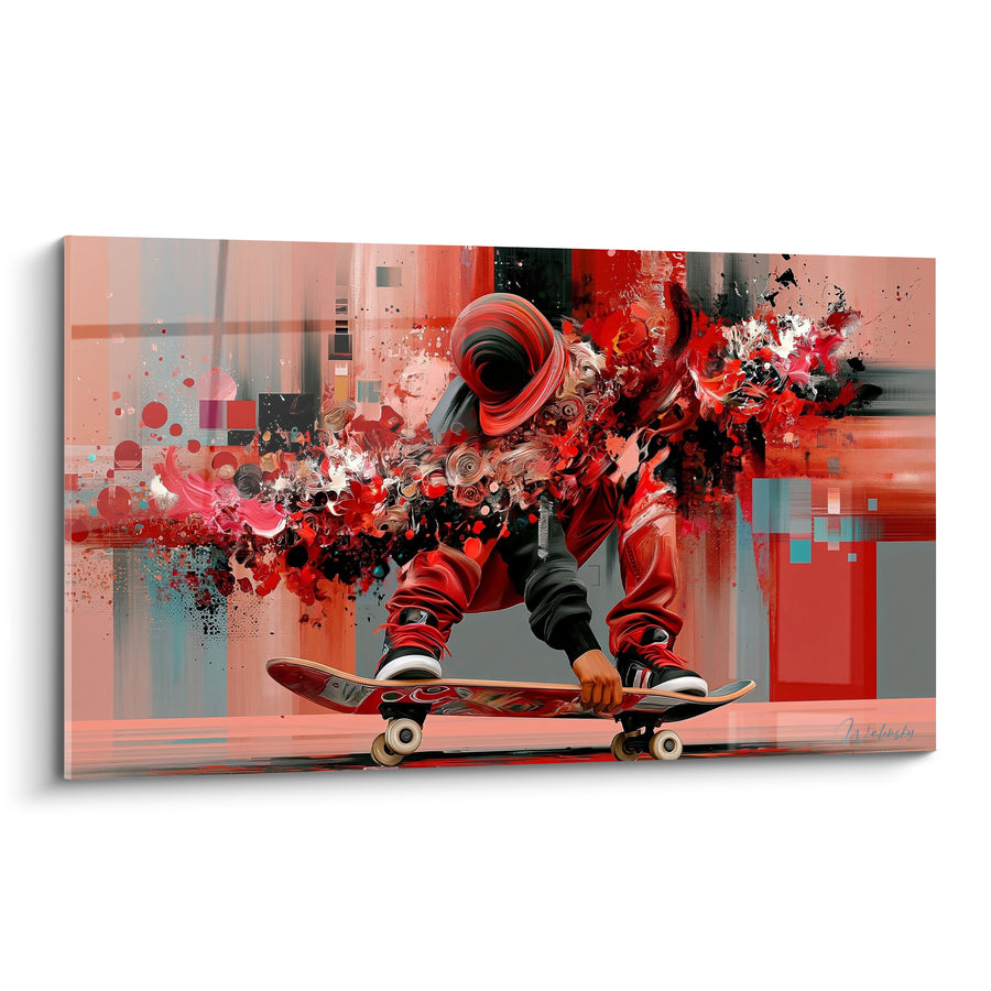 Tableau Skateur rouge et noir agrippant sa planche - Explosion picturale carminée - Edition Skateboard