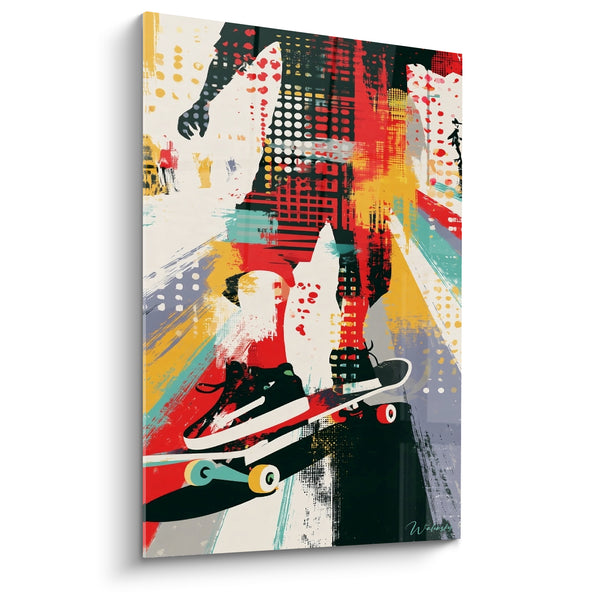 Tableau Skateur silhouette rouge et noire urbaine - Saut dans la ville - Edition Skateboard