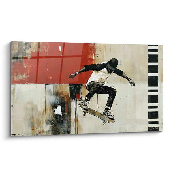 Skater Painting - Black Cap on Cracked Red Wall - Vertical Striped Bands - Skateboard Edition