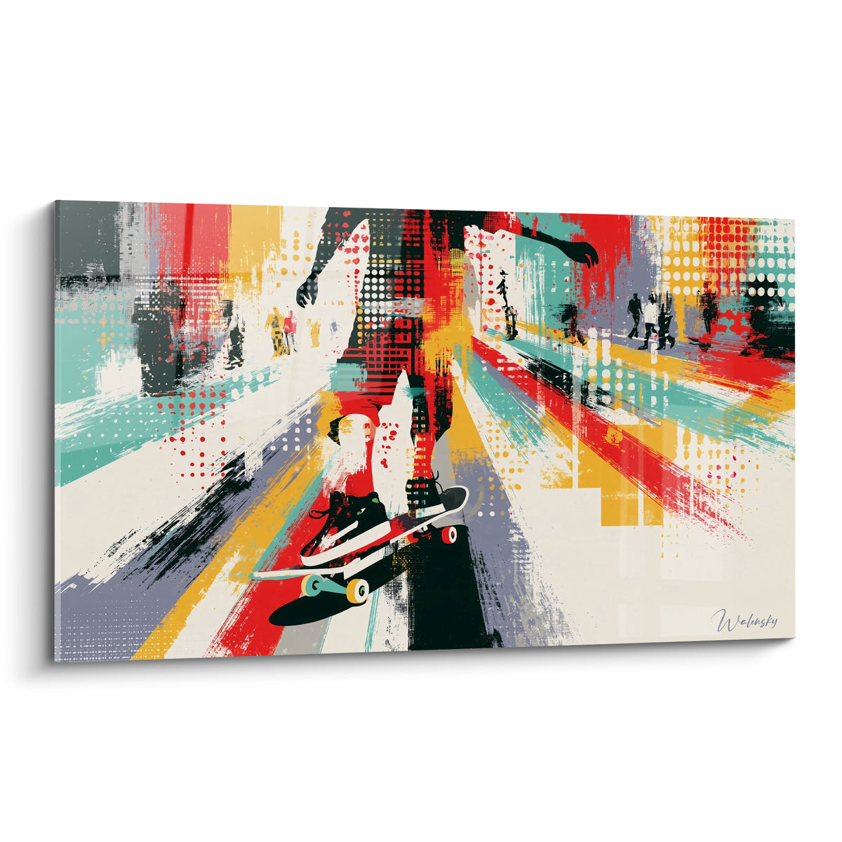 Skateur en plein saut sur fond rouge et turquoise, technique graphique façon collage urbain