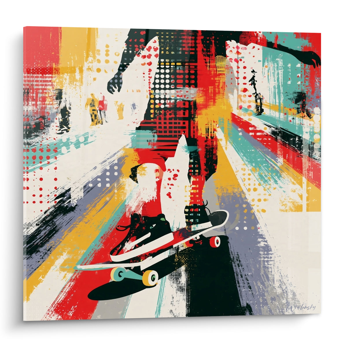 Skateur en silhouette noire glisse sur fond rouge et turquoise, composition graphique urbaine intense