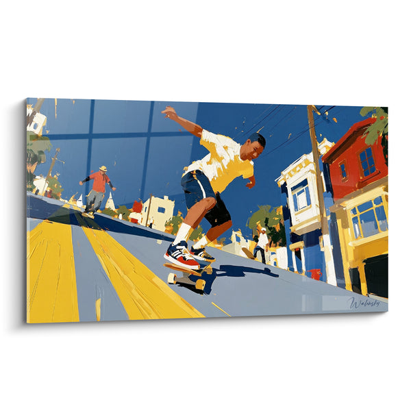 Tableau Skateur jaune et bleu descendant une pente peinte - Maison rouge en arrière-plan - Edition Skateboard
