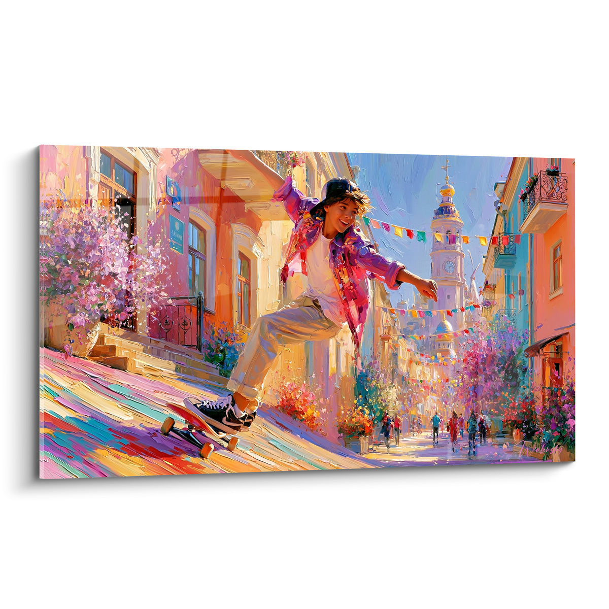 Skateur bondissant en jacket violette au-dessus d'une ruelle terracotta et rose fleurie
