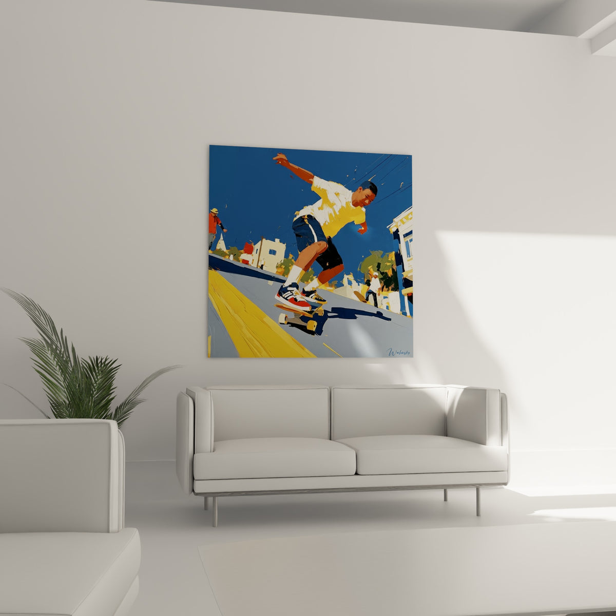 Adolescent en plein saut de skateboard ocre et bleu au-dessus d'un canapé dans un salon lumineux