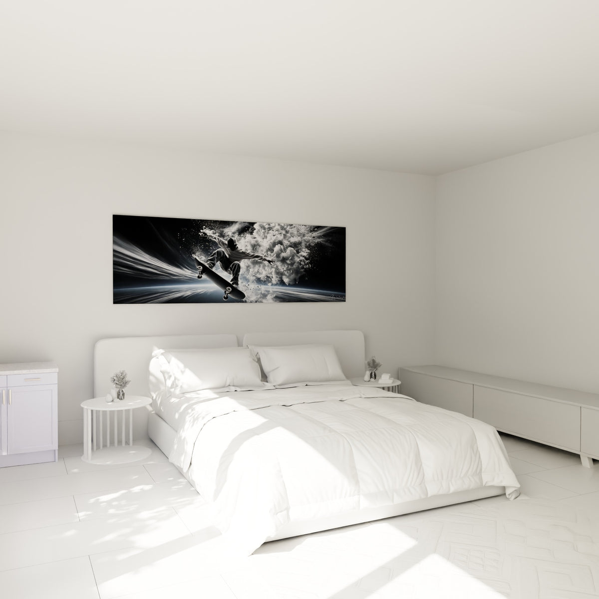Rider en saut capturé en gris anthracite et blanc, fumée dense, au-dessus d'un lit dans une chambre claire