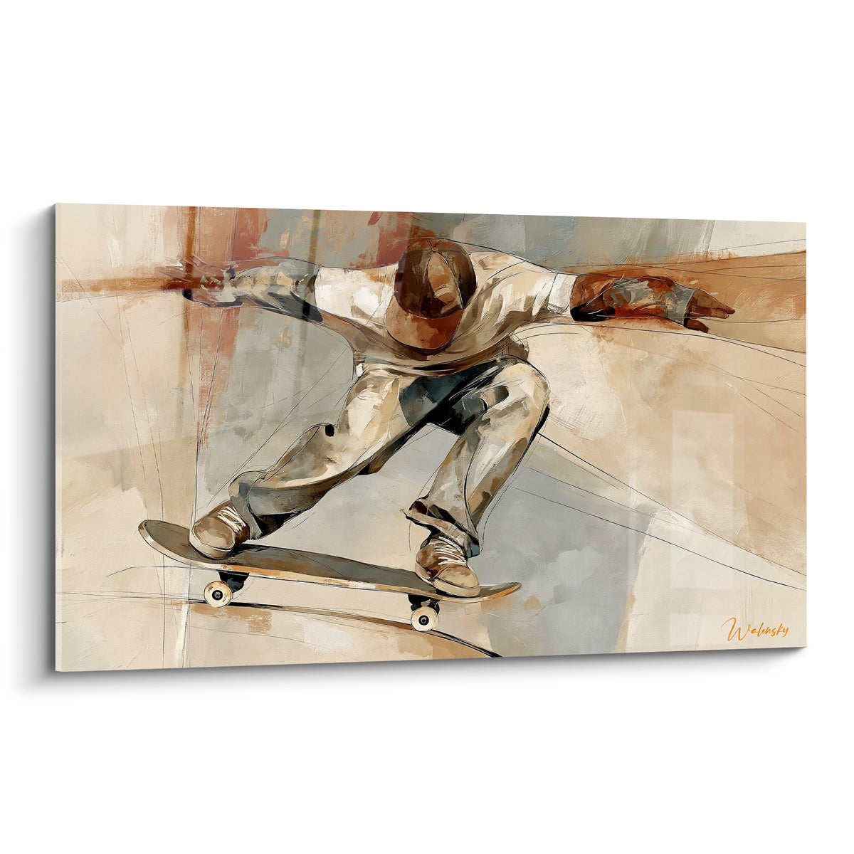 Skateur en plein saut, bras écartés, tons beige et gris anthracite sur fond abstrait terracotta