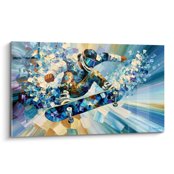 Tableau Skateur bleu et doré en plein saut - Envol fracassant - Edition Skateboard