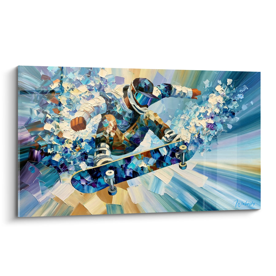 Tableau Skateur bleu et doré en plein saut - Envol fracassant - Edition Skateboard