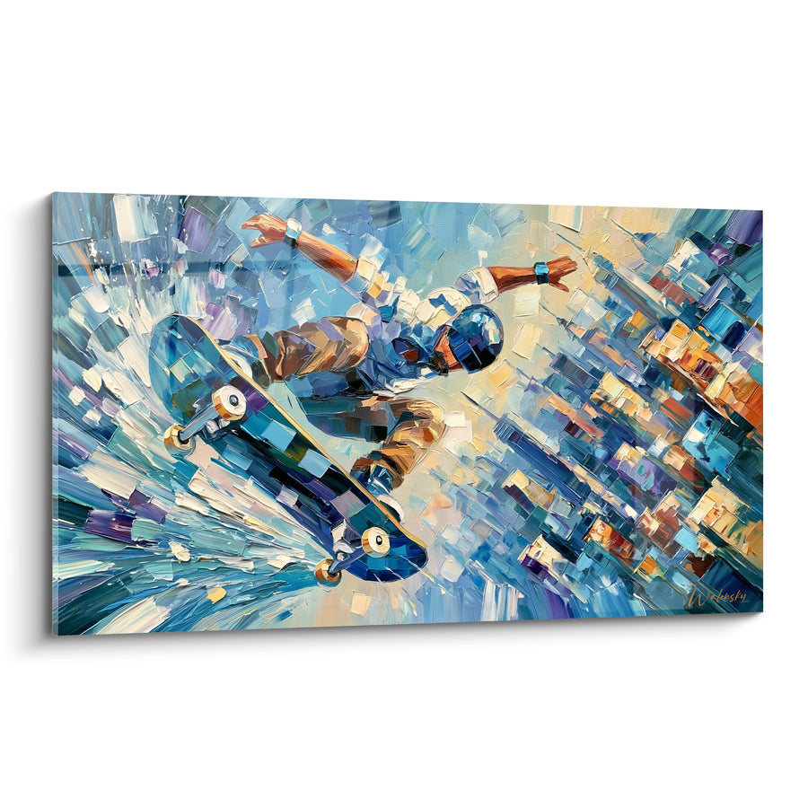 Tableau Skateur casqué bleu et beige dominant la ville - Éclats en cascade - Edition Skateboard