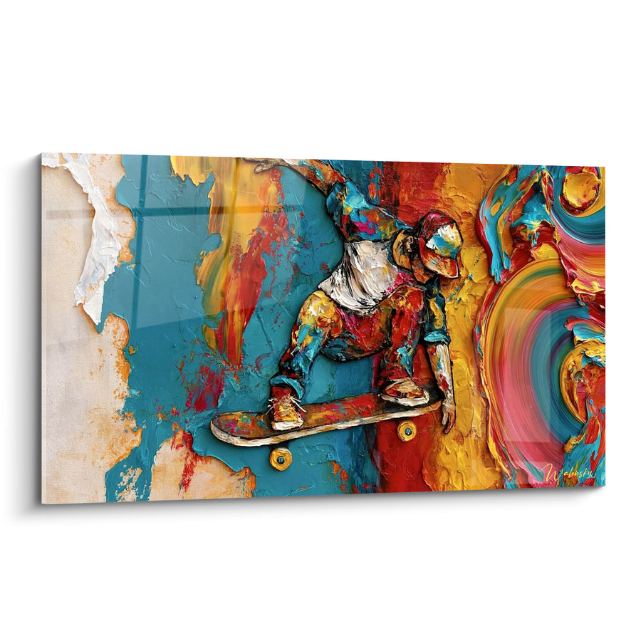 Tableau Skateur turquoise et rouge sur mur écaillé - Spirale multicolore en arrière-plan - Edition Skateboard