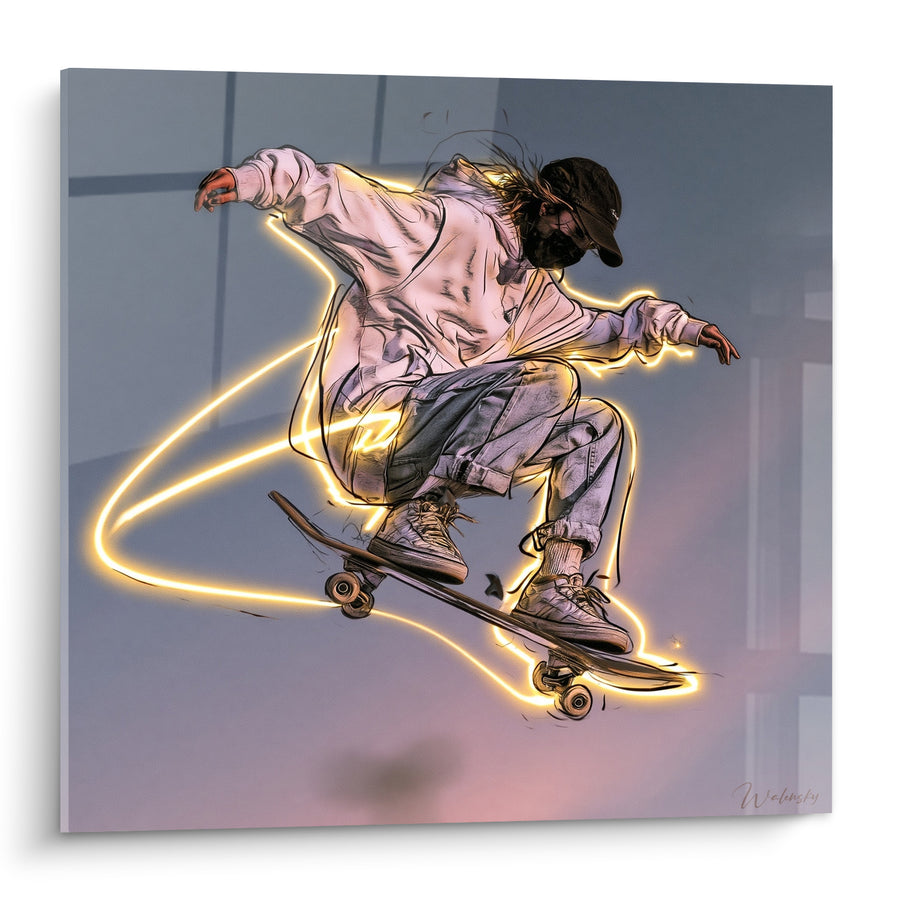 Tableau Skateur gris et doré en plein saut - Envol lumineux - Edition Skateboard