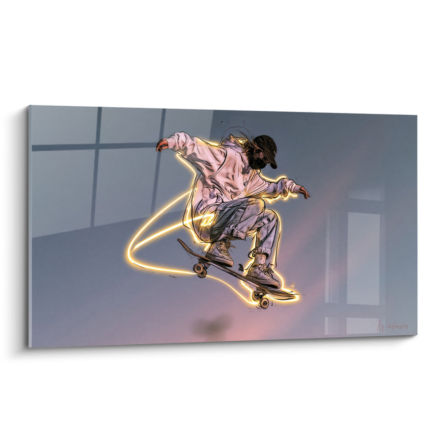 Tableau Skateur casquette noire spirale dorée lumineuse - Fenêtres en arrière-plan - Edition Skateboard