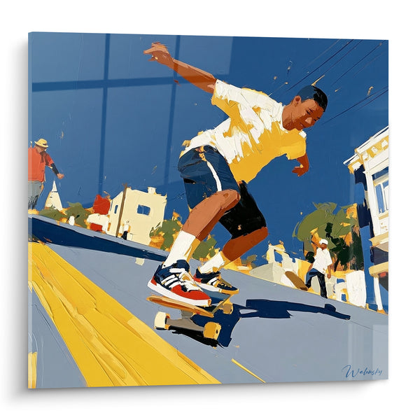 Tableau Skateur en saut de rue jaune bleu - Envol de rue - Edition Skateboard