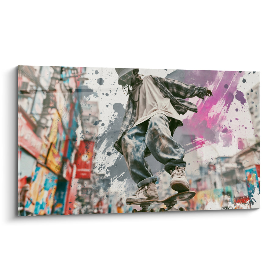 Tableau Skateur gris et rose en pleine ruelle marchande - Éclaboussures pourpres murales - Edition Skateboard