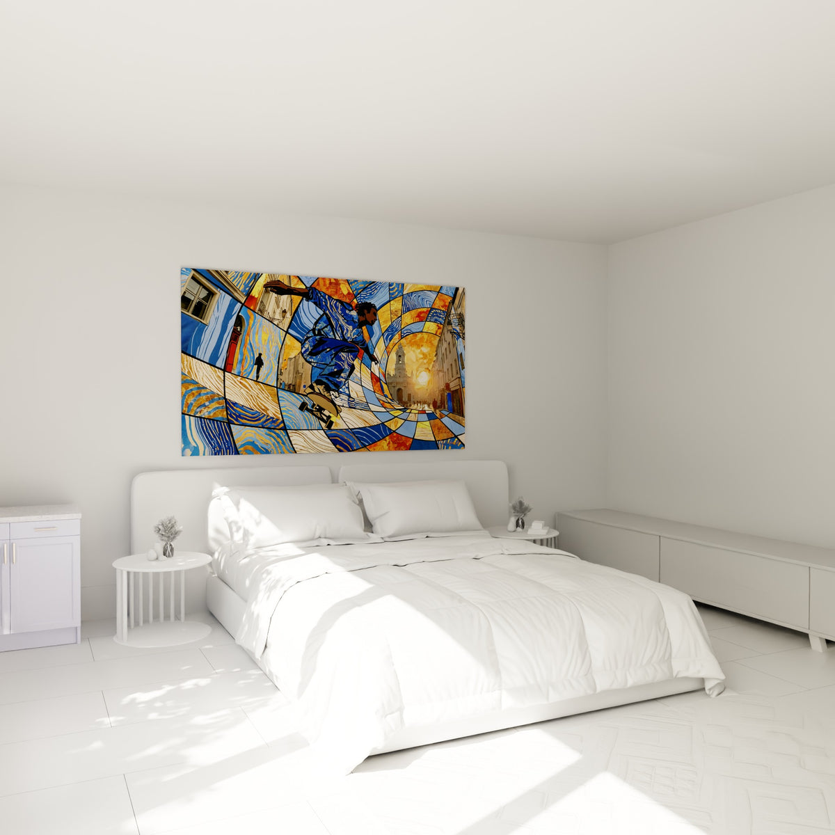 Sauteur en skate ocre et bleu capturé en plein élan au-dessus d'un lit dans une chambre claire