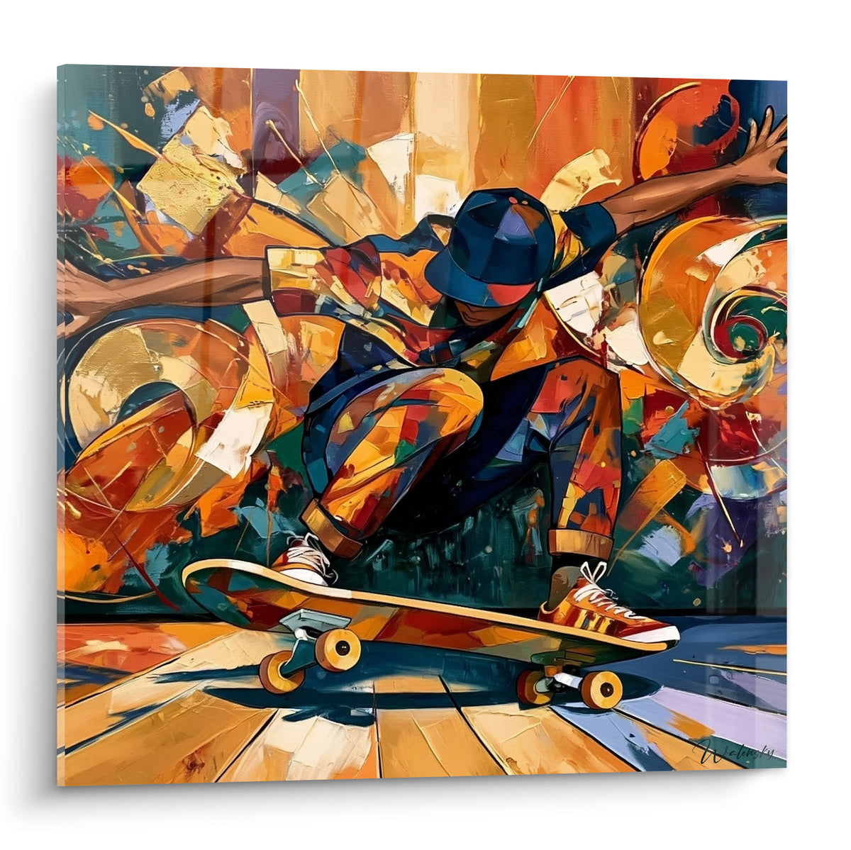 Tableau skateur en saut, casquette bleu marine, fragments ocre et terracotta, style peinture au couteau