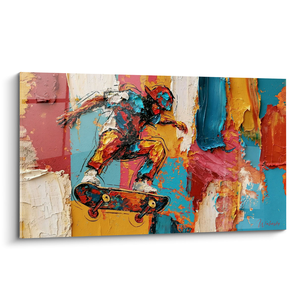 Skateur en plein saut sur fond ocre et bleu pétrole, tableau skateboard texturé au couteau