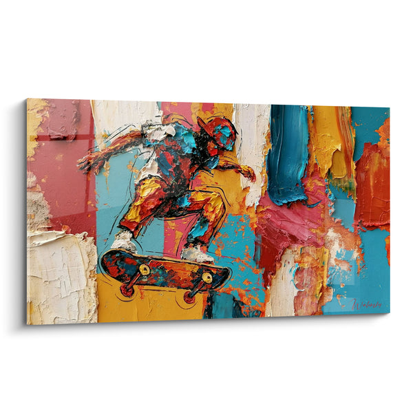 Tableau Skateur turquoise et jaune façade en patchwork coloré - Empâtements à la spatule - Edition Skateboard