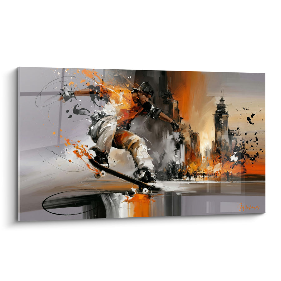 Tableau Skateur casqué gris et orange sur rambarde - Tours embrasées au loin - Edition Skateboard