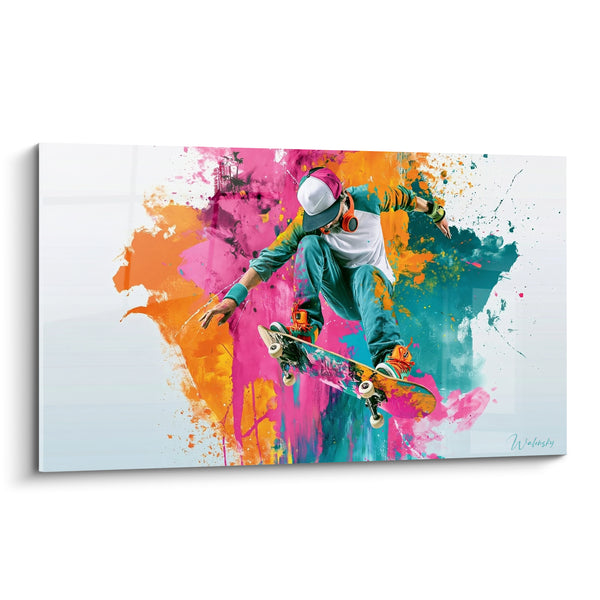 Tableau Skateur casquette rose et turquoise en explosion picturale - Casque audio orange - Edition Skateboard