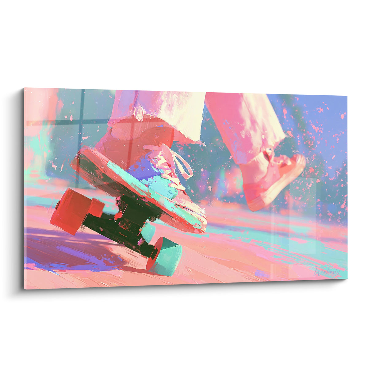 Skateboard en plein saut aux roues corail et turquoise sur fond rose éclaboussé