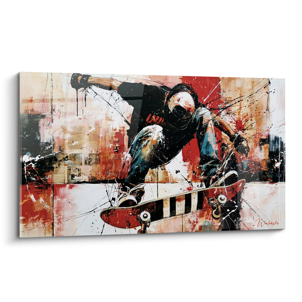 Tableau Skateur noir et rouge sur collage journalistique - Éclaboussures noires en éventail - Edition Skateboard