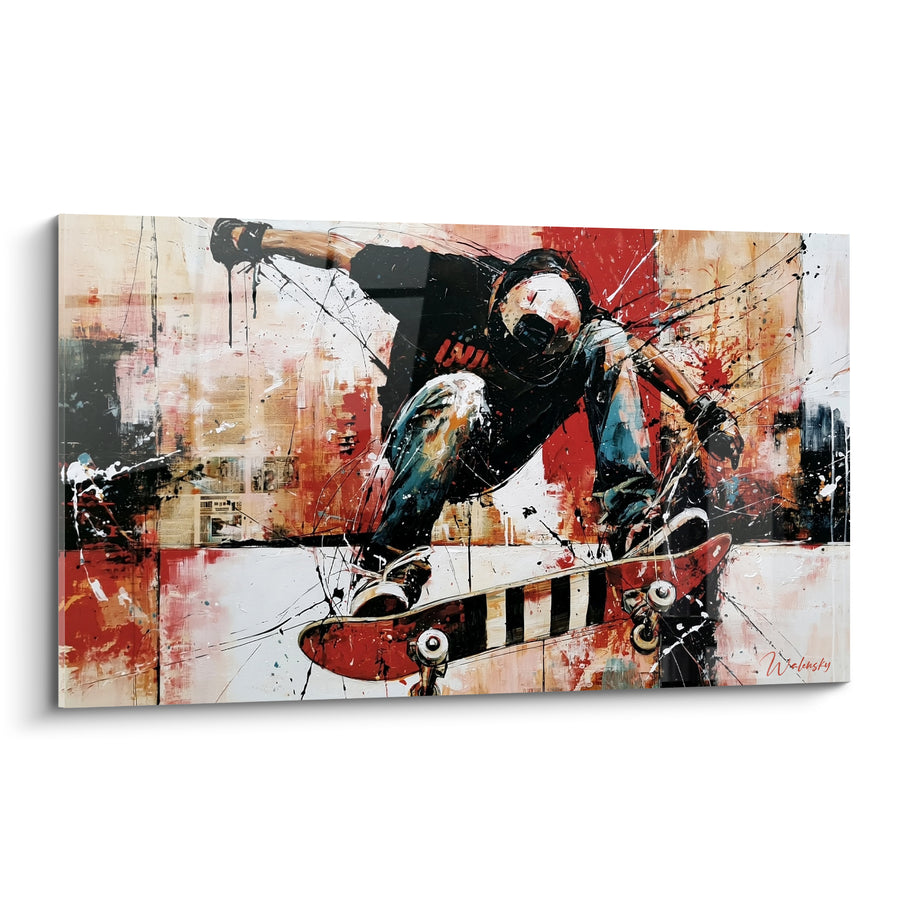 Tableau Skateur noir et rouge sur collage journalistique - Éclaboussures noires en éventail - Edition Skateboard