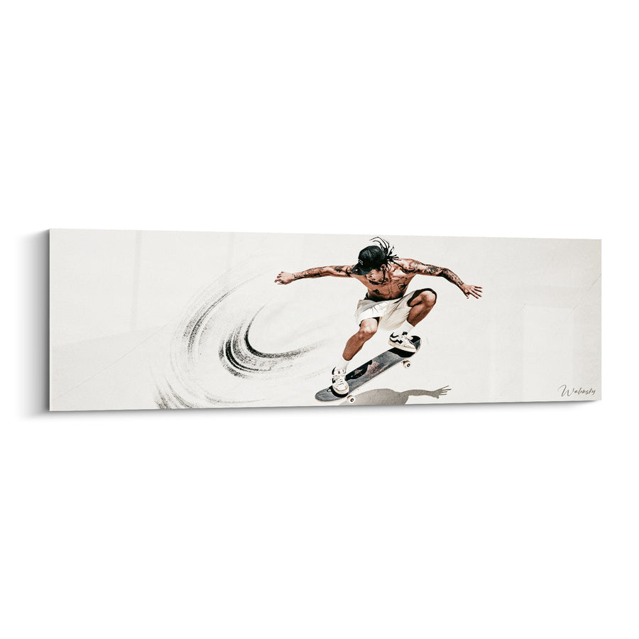 Tableau Skateur torse nu blanc et beige tourbillon gris - Bras tatoués tendus - Edition Skateboard