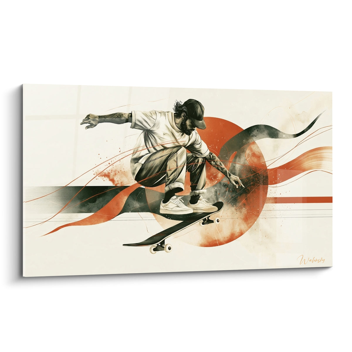 Skateur en saut aux teintes terracotta et anthracite, planche noire, fond ivoire abstrait avec cercle sombre
