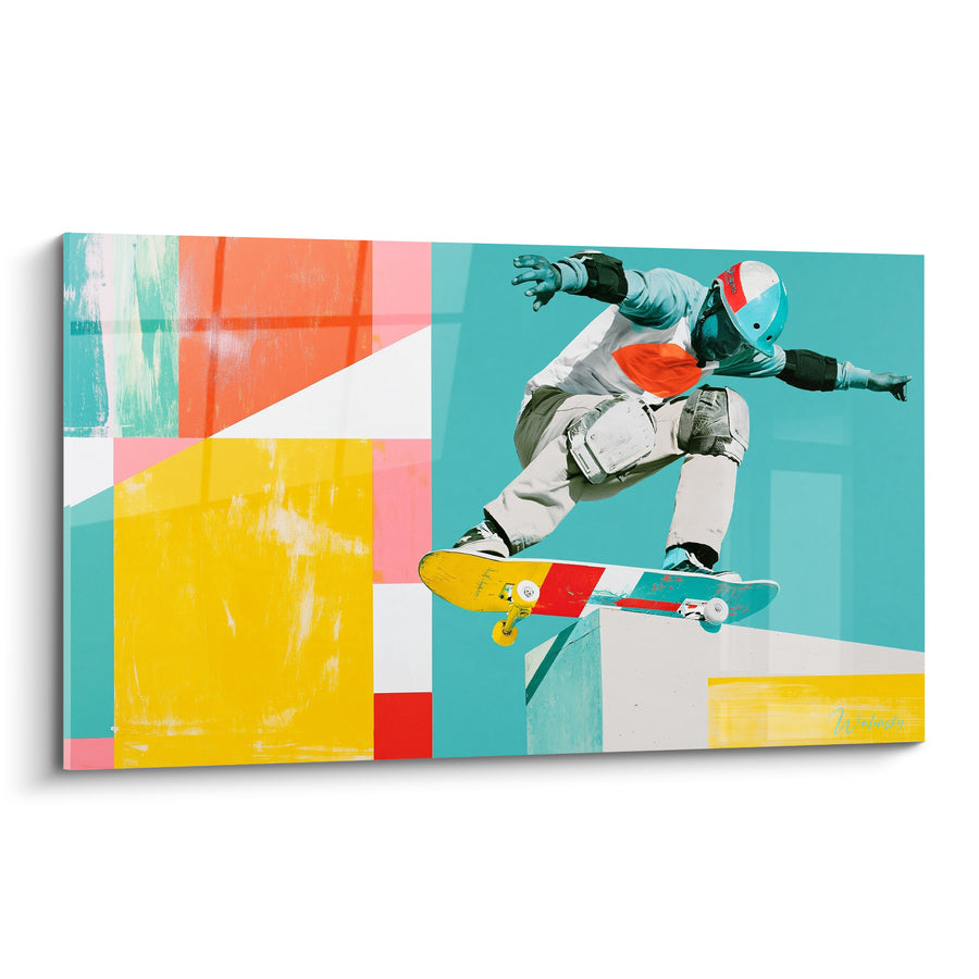 Tableau Skateur turquoise et jaune sur bordure de rampe - Genouillères et gants protecteurs - Edition Skateboard
