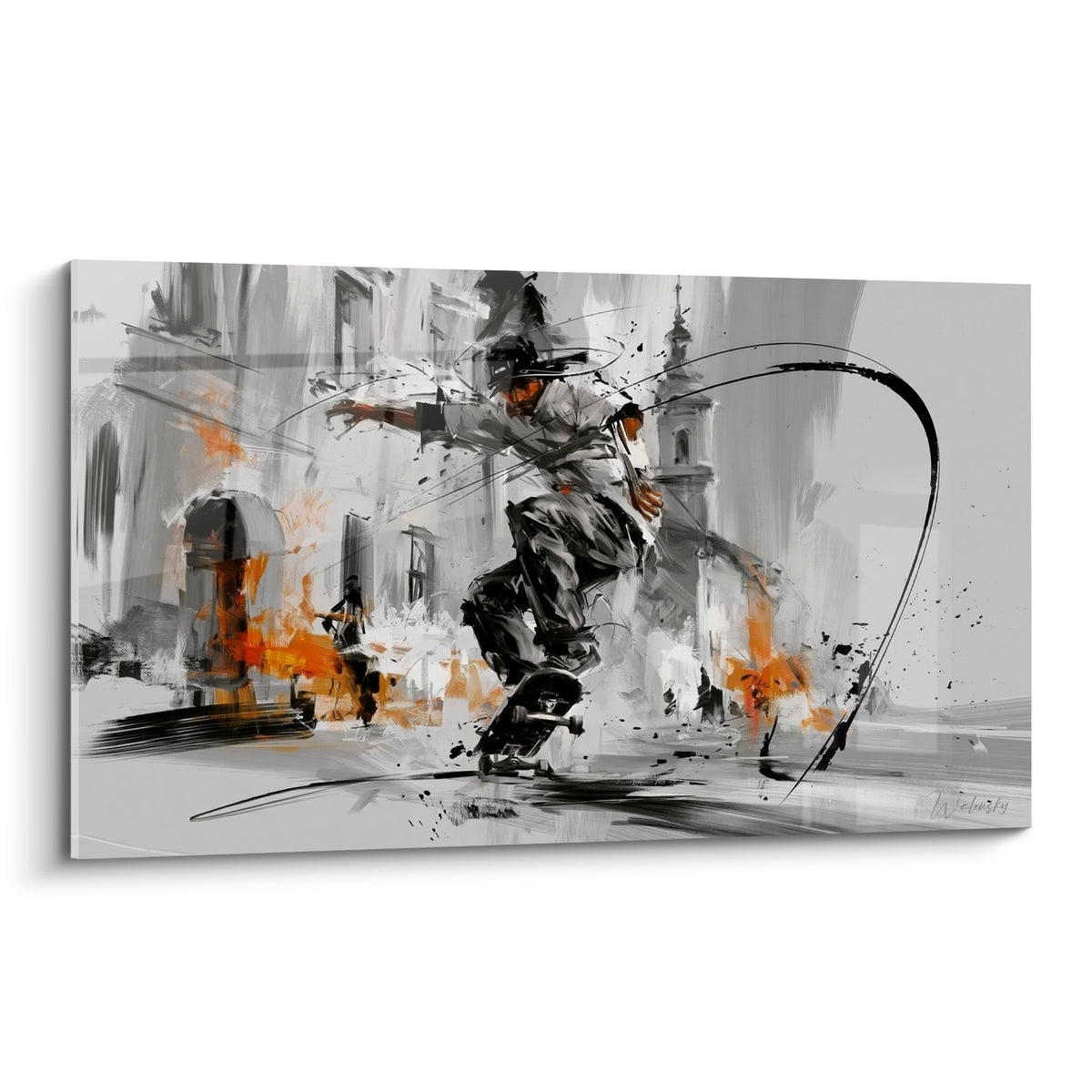 Skateur en saut audacieux, tons gris anthracite et touches orange fauve sur fond urbain ancien