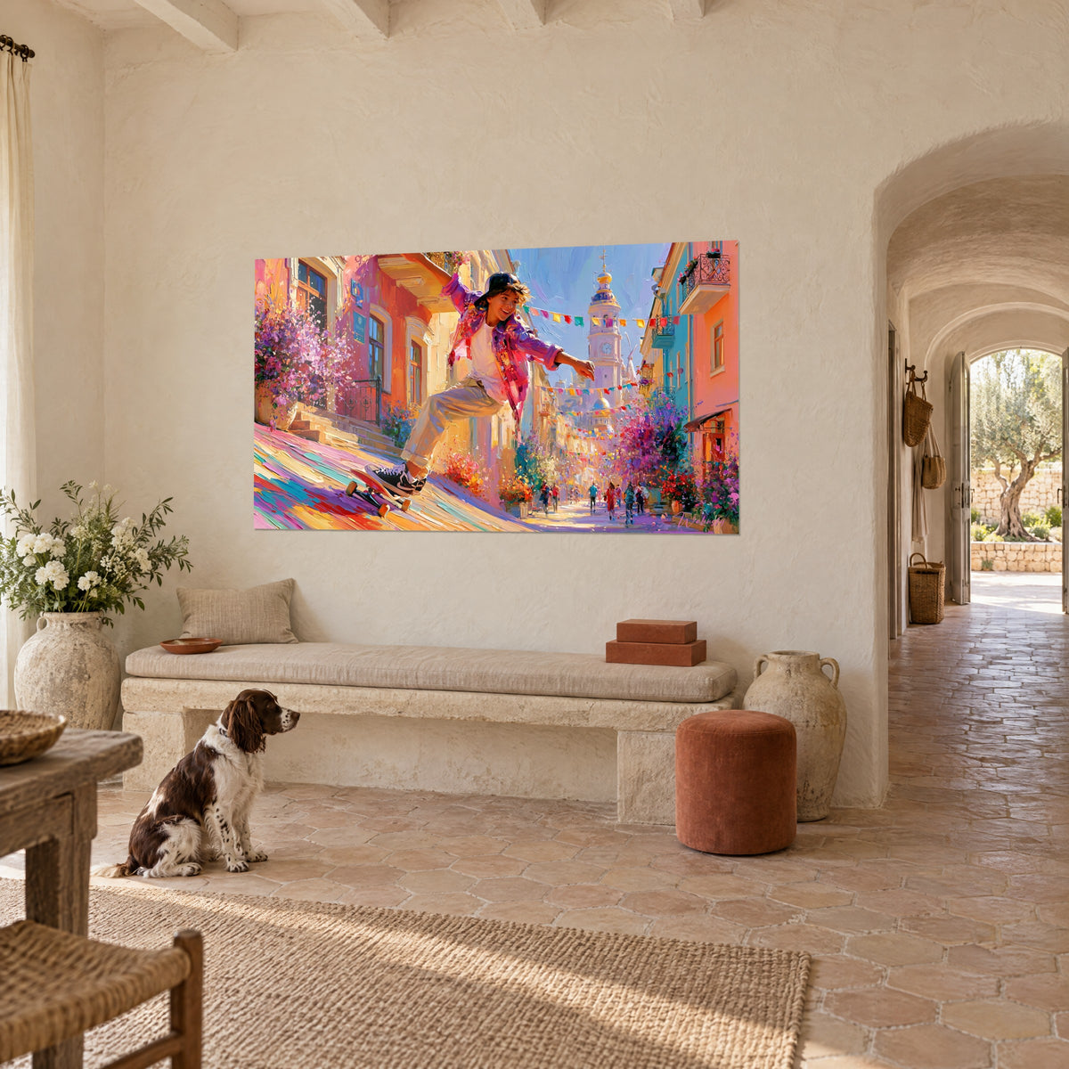 Wall art of a smiling young snowboarder in a black cap, pennant garlands, coral and blue facades, on the wall of a Provençal farmhouse with a spaniel
