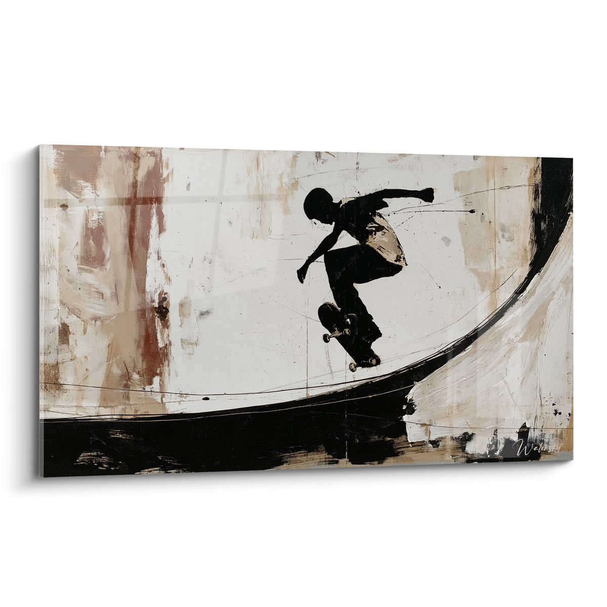 Skateur silhouette noire en plein saut sur fond beige et blanc cassé, style esquissé