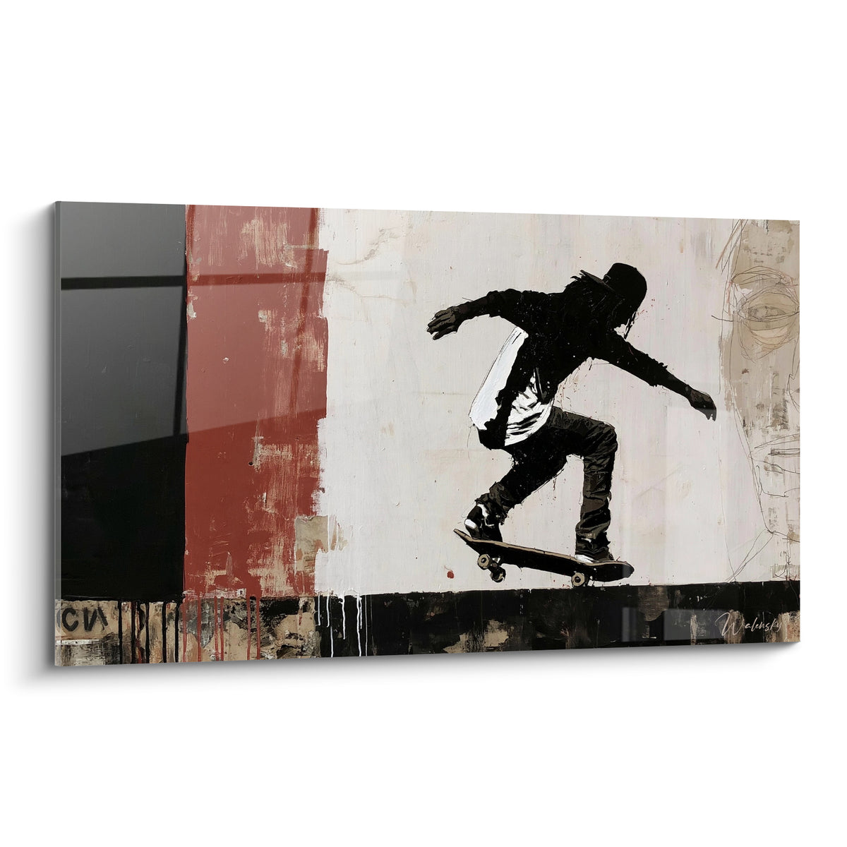 Skateur en silhouette noire capté en plein saut sur fond rouge brique et crème texturé