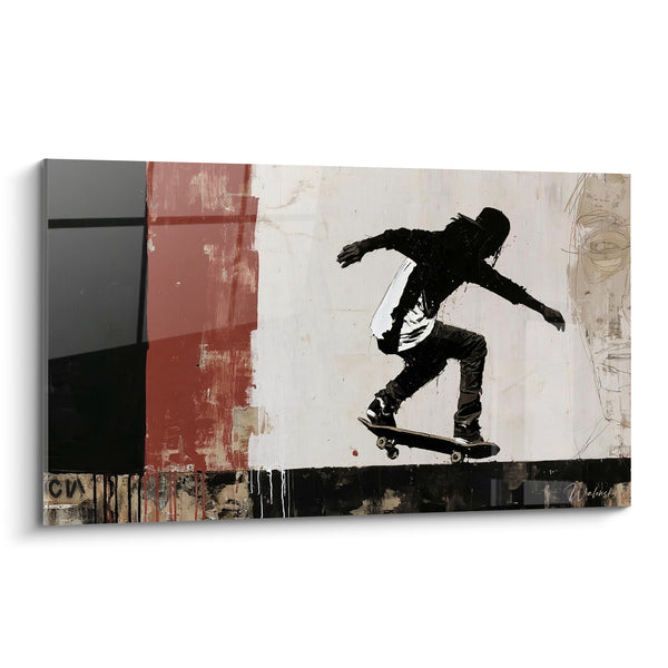 Tableau Skateur silhouette noire et beige sur mur graffité - Visage esquissé en fond - Edition Skateboard