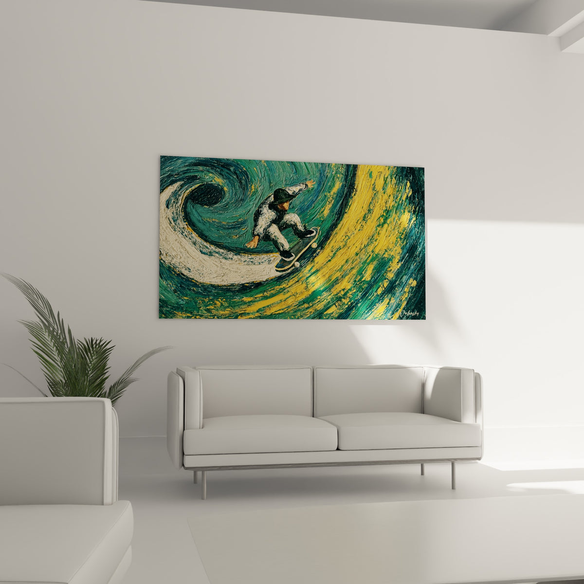 Wall art of a boarder in a white jacket on his skateboard, cream crest curling over an emerald green background, wooden console, three-quarter view