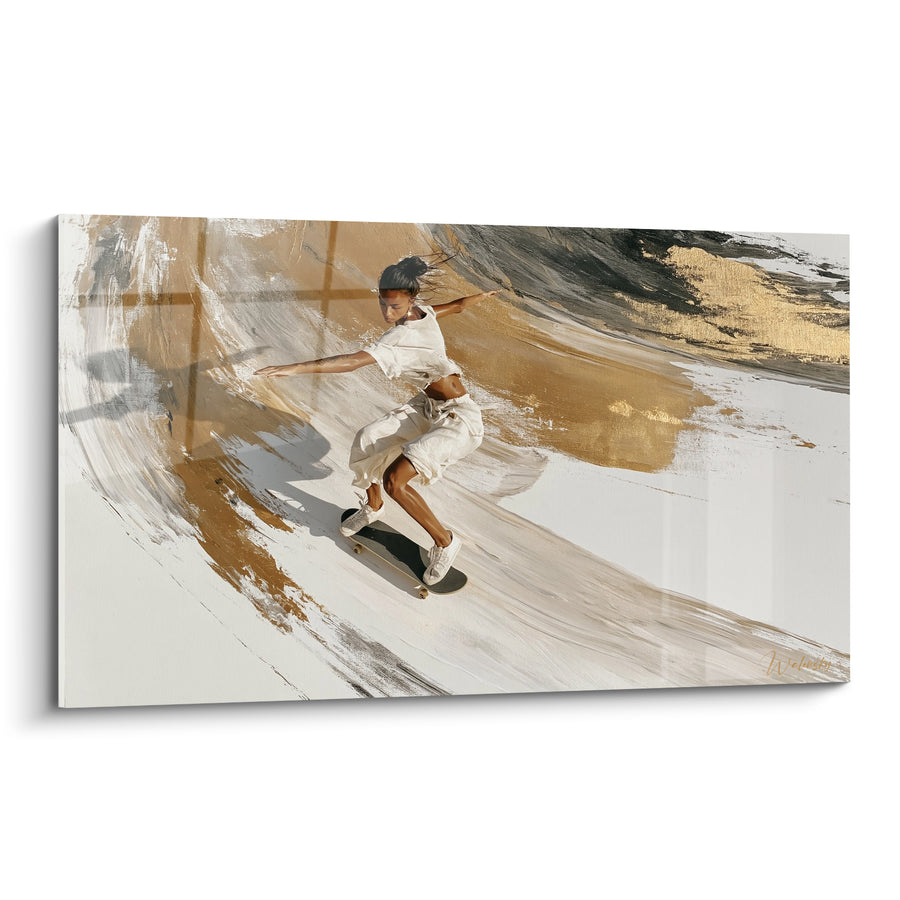 Tableau Skateuse en vrille dorée et blanche - Glissade suspendue - Edition Skateboard