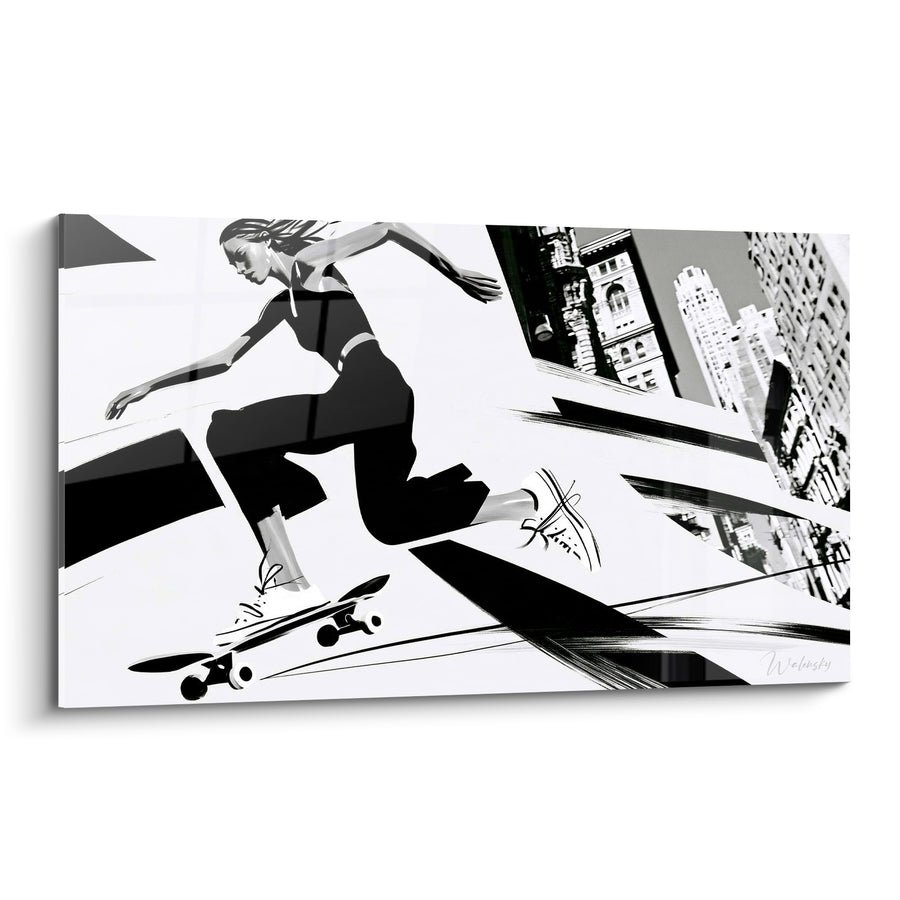 Tableau Skateuse noire et blanche parmi gratte-ciels new-yorkais - Baskets lacées serrées - Edition Skateboard