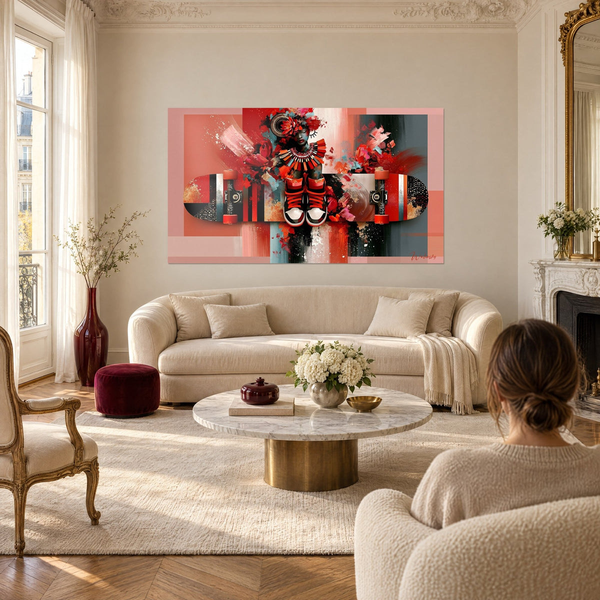 Gemälde Skateboard in Rot und Anthrazit mit einer Figur aus leuchtend scharlachroten Blüten, über einem Sofa in einem hellen Wohnzimmer