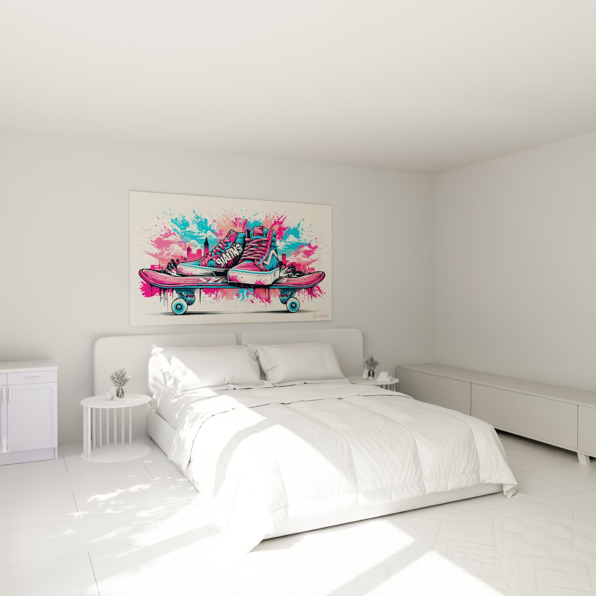 Planche de skateboard rose et bleu turquoise avec baskets montantes, au-dessus d'un lit dans une chambre claire