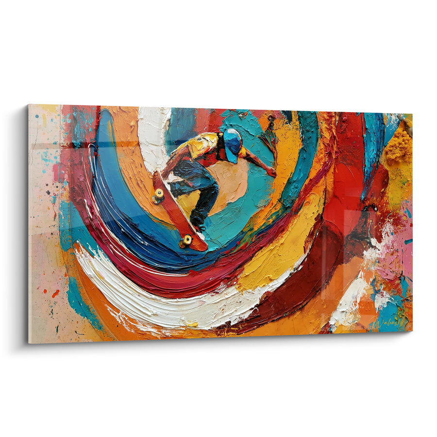 Tableau Skateur bleu et orange en spirale tourbillonnante - Casquette bleue et tourbillon coloré - Edition Skateboard