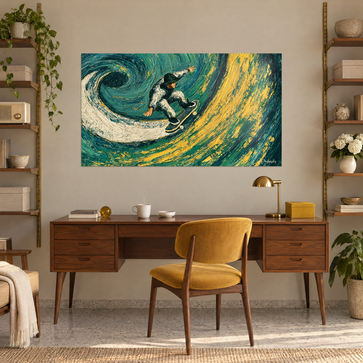 Wall art of urban gliding in an oil paint vortex, cream, turquoise and gold, on the wall of a wooden office near shelves
