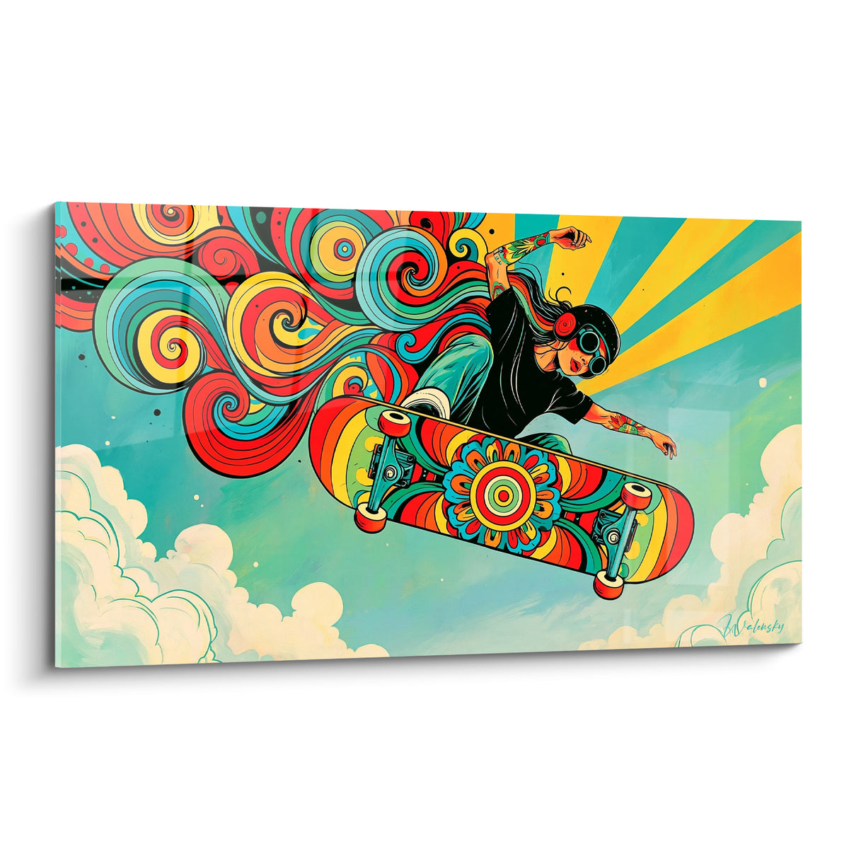 Skateuse tatouée aux cheveux en spirales rouge et turquoise, saut de skateboard sous un soleil jaune