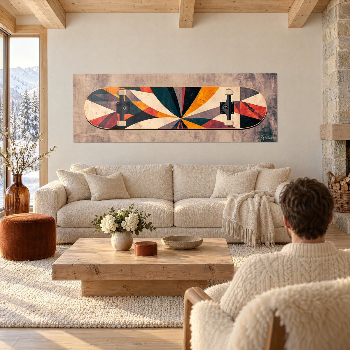 Tableau planche de skate en éventail ocre et anthracite, rayons crème et rouille, au-dessus d'un canapé dans un salon lumineux