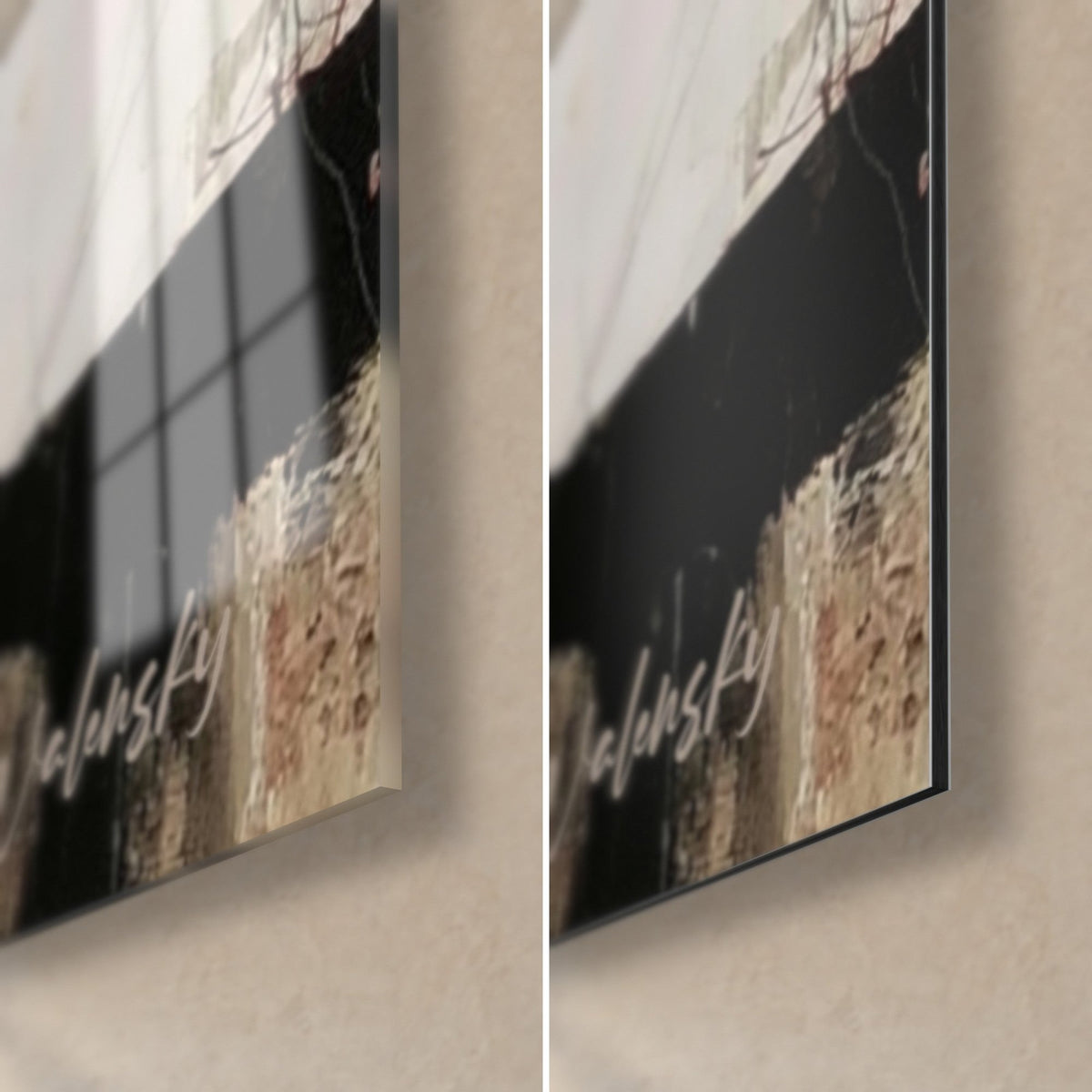 Tableau rider en ombre noire, coin bas droit : verre brillant à gauche, Dibond mat beige à droite, tranche fine de 3 mm