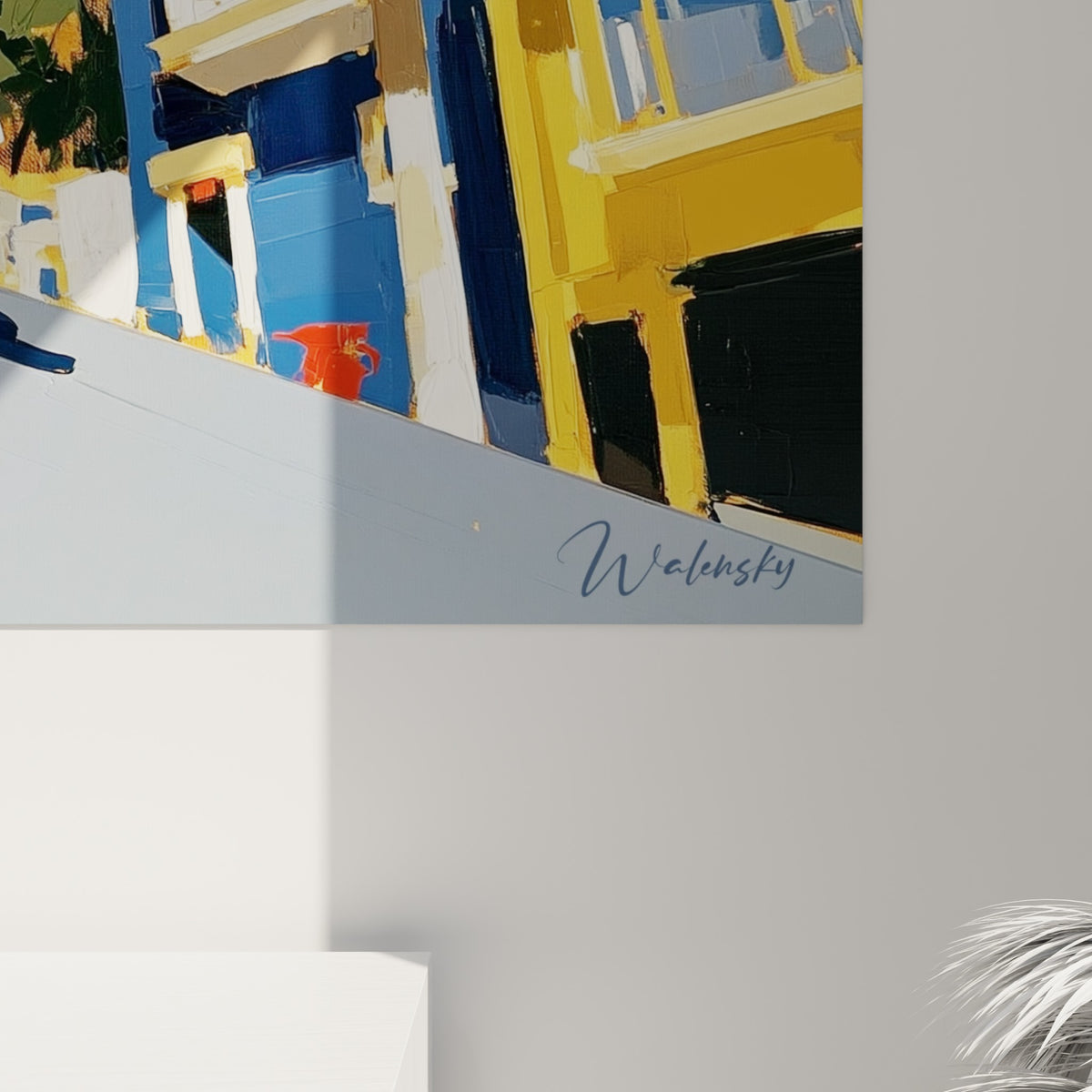 Empâtements jaunes et bleu marine visibles de près, matière picturale dense du tableau skateboard
