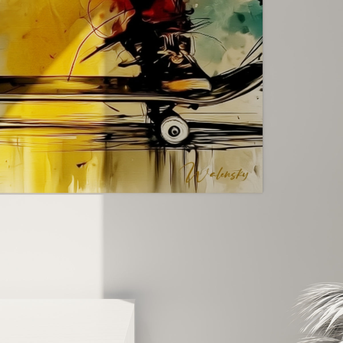 Empâtements noirs et coulures dorées se mêlant au vert sarcelle sur la toile skateboard